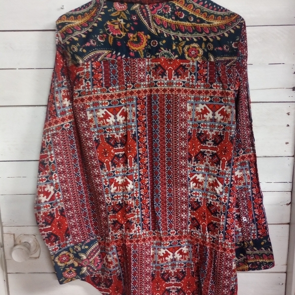 Intro Women's Large Floral Paisley Boho Print Point Collar Long Sleeve Tunic - Picture 10 of 12